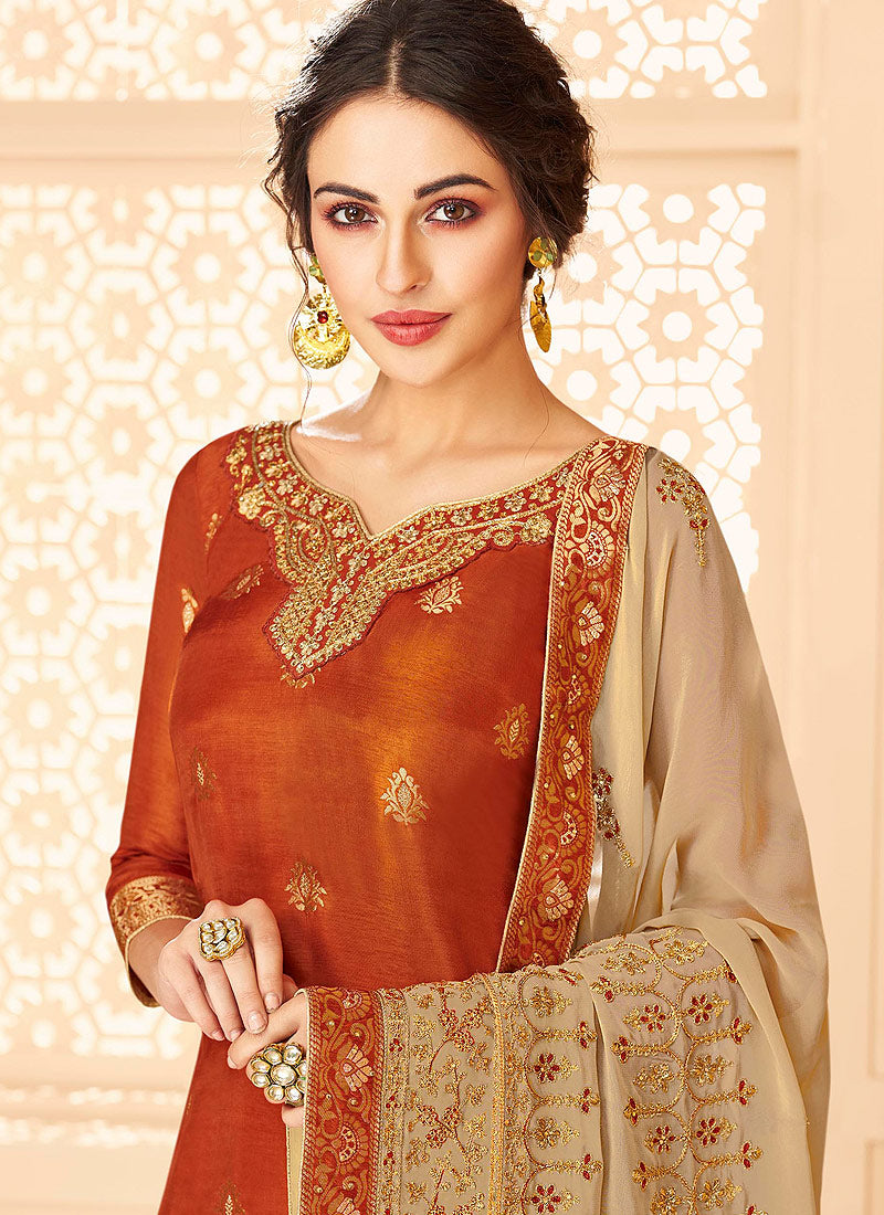 Indian Clothes - Orange And Golden Jacquard Palazzo Suit