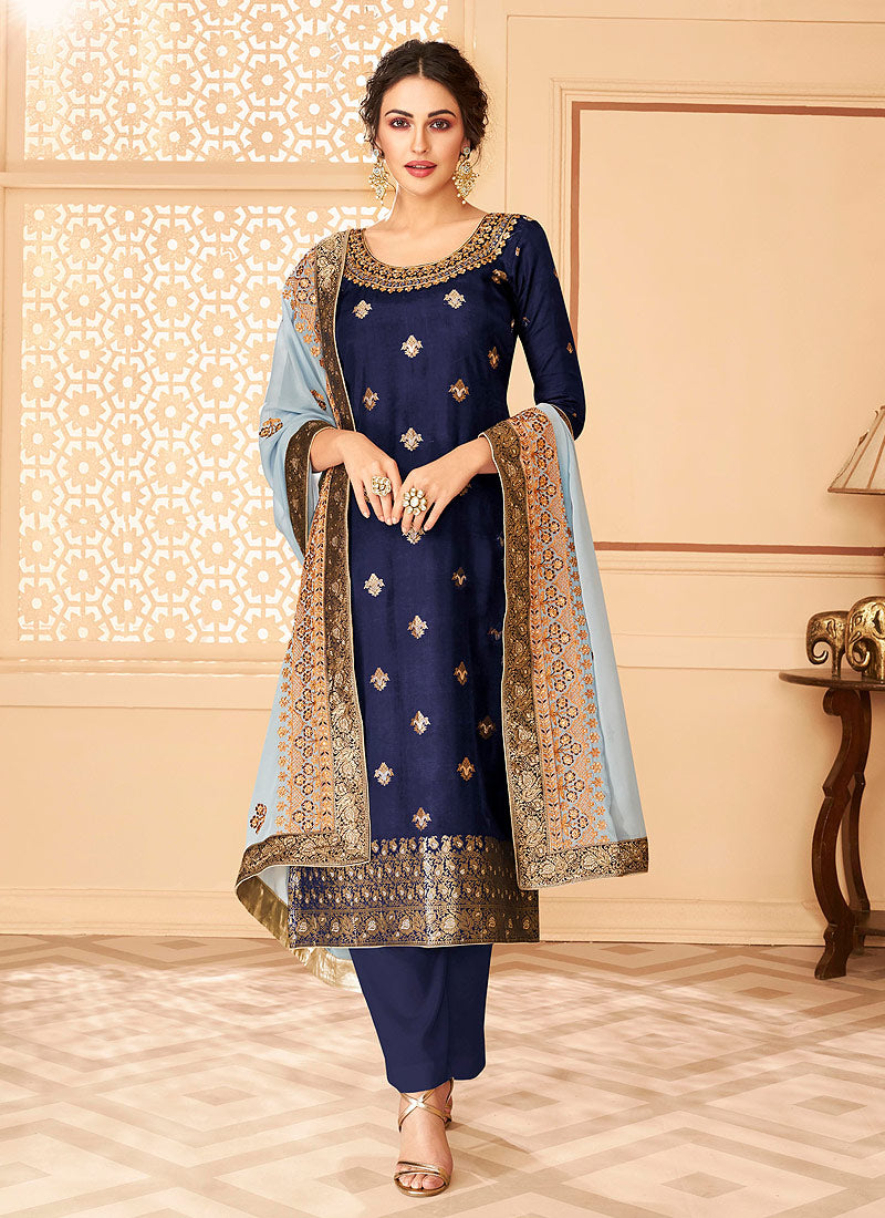 Blue Jacquard Palazzo Suit