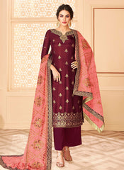 Maroon Jacquard Palazzo Suit