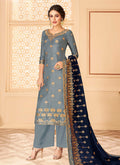 Grey And Blue Jacquard Palazzo Suit