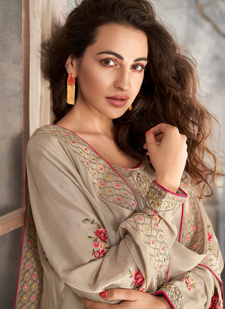 Indian Suits - Beige Floral Palazzo Style Pant Suit In usa uk canada