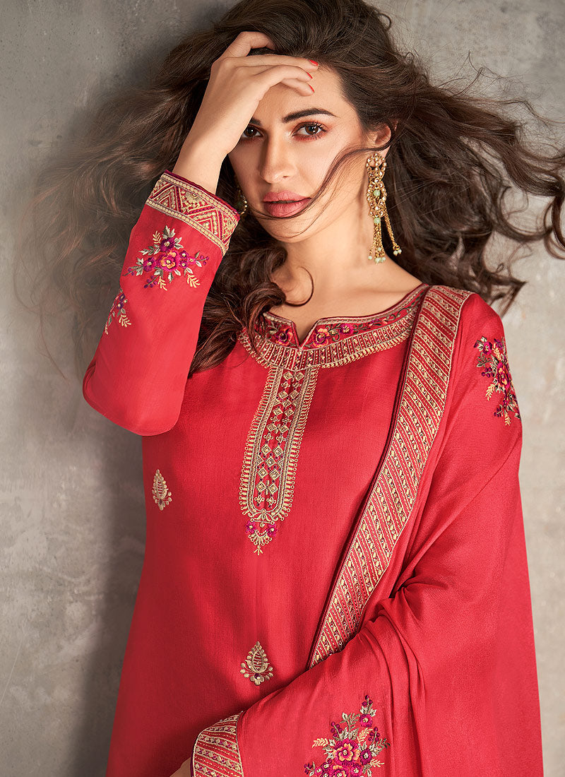 Indian Clothes - Red Floral Palazzo Style Pant Suit
