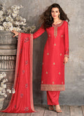 Red Floral Embroidered Designer Palazzo Style Pant Suit