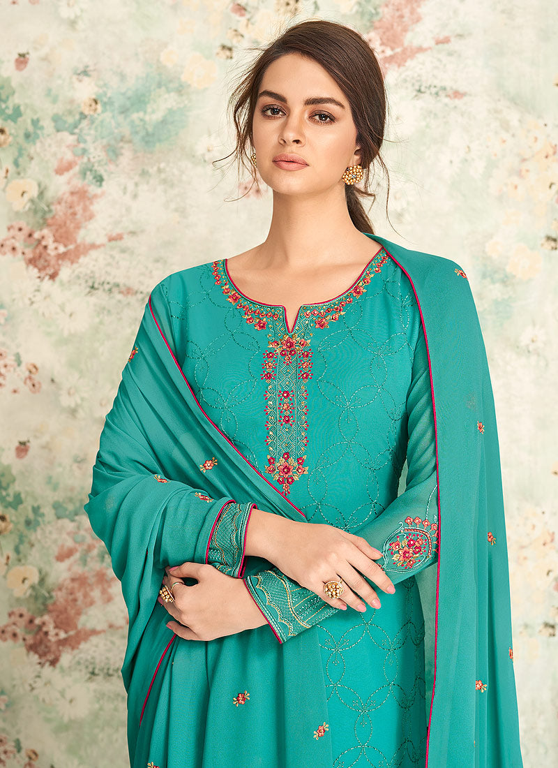 Indian Clothes - Aqua Blue Multi Embroidered Palazzo Suit