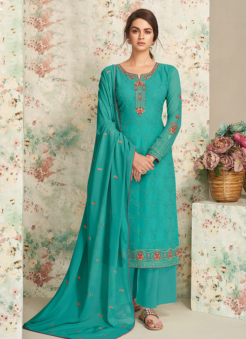 Aqua Blue Multi Embroidered Indian Palazzo Suit In USA, UK, Canada