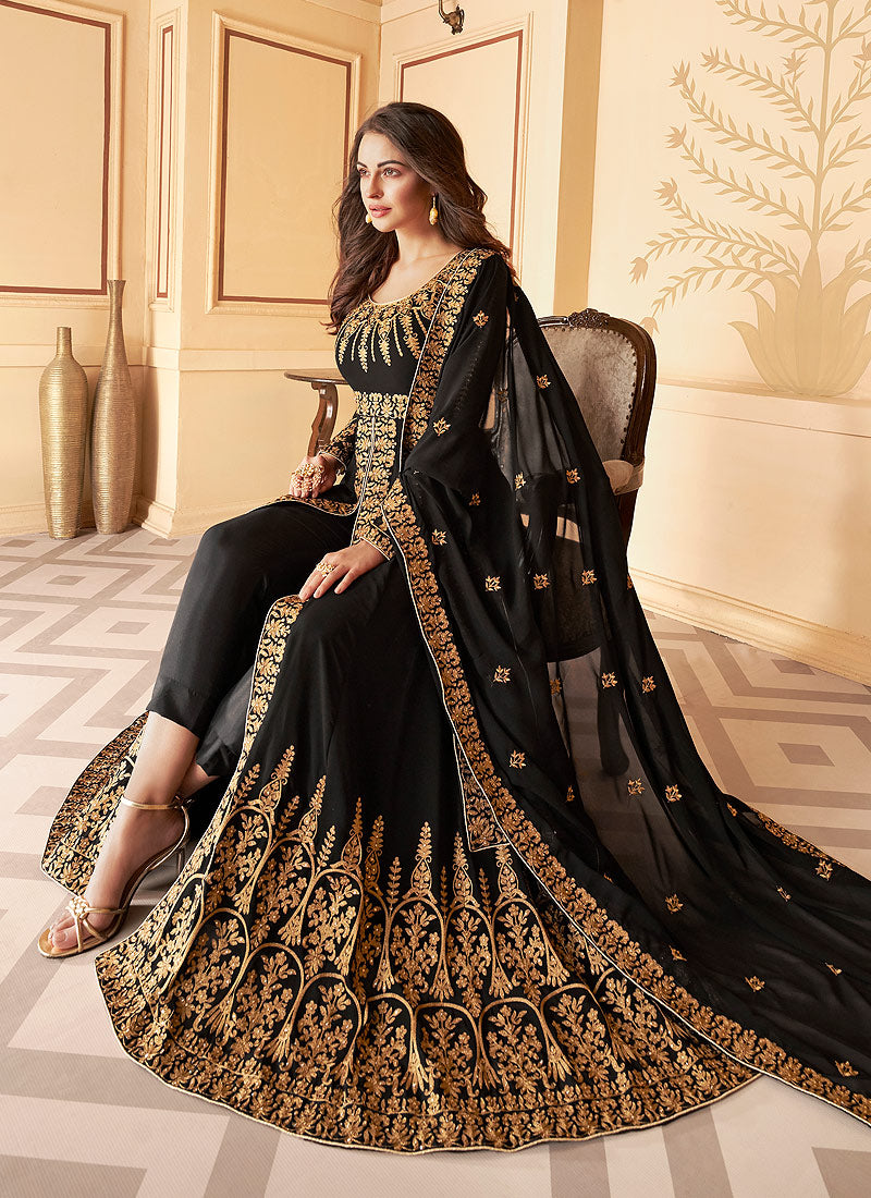 Indian Suits - Black Slit Anarkali Pants Suit