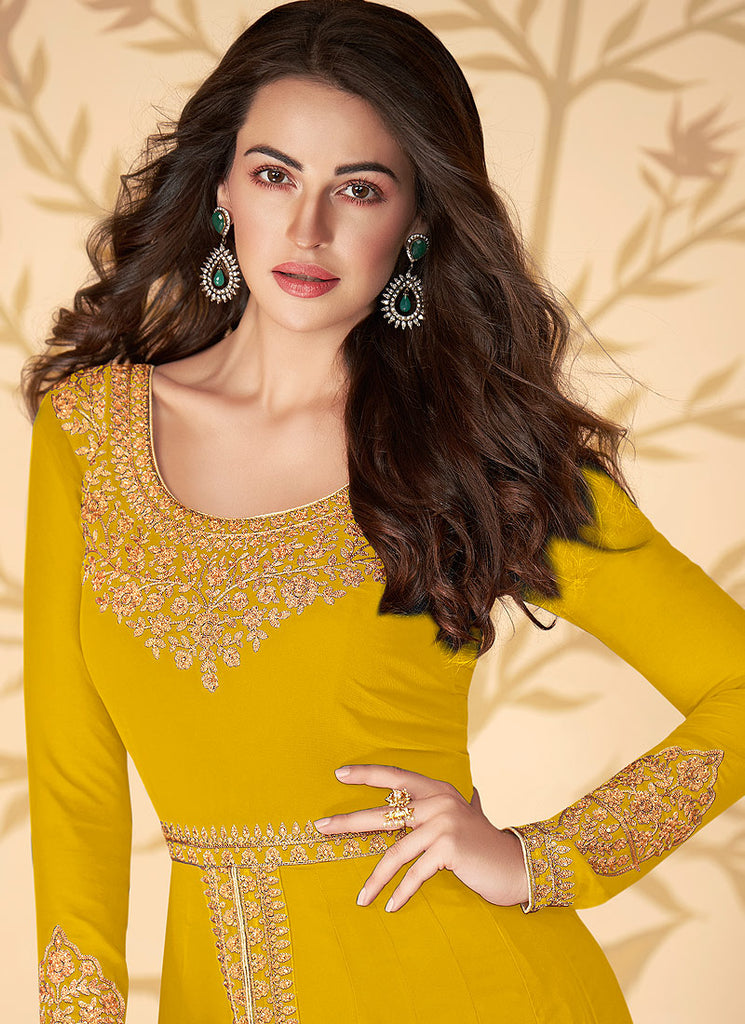 Yellow Slit Style Anarkali Pants Suit In usa uk canada