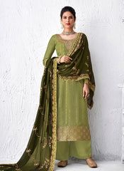 Olive Green Embroidered Palazzo Suit