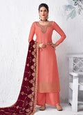 Peach And Maroon Embroidered Palazzo Suit