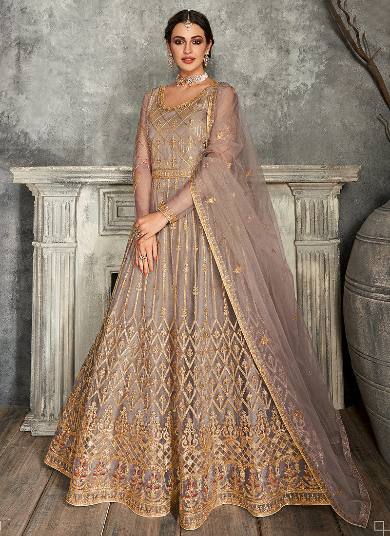 Mauve Golden Embroidered Anarkali Suit