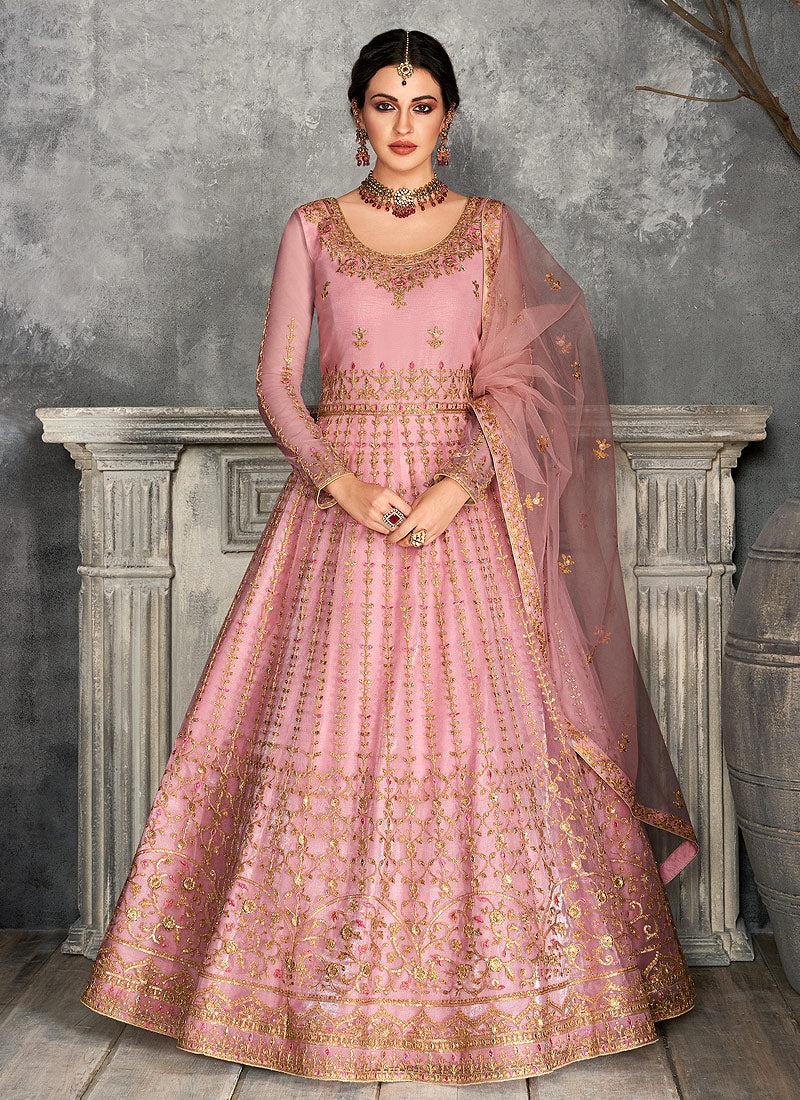 Pink Golden Embroidered Anarkali Suit