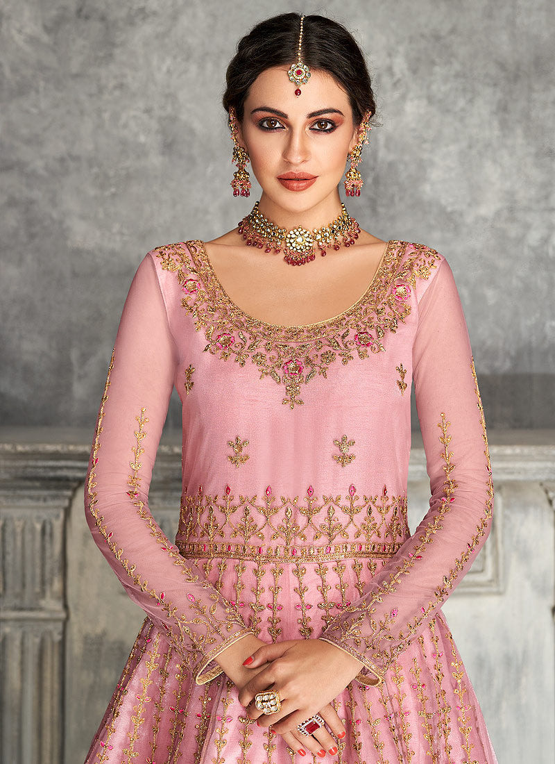 Pink Golden Anarkali Suit In usa