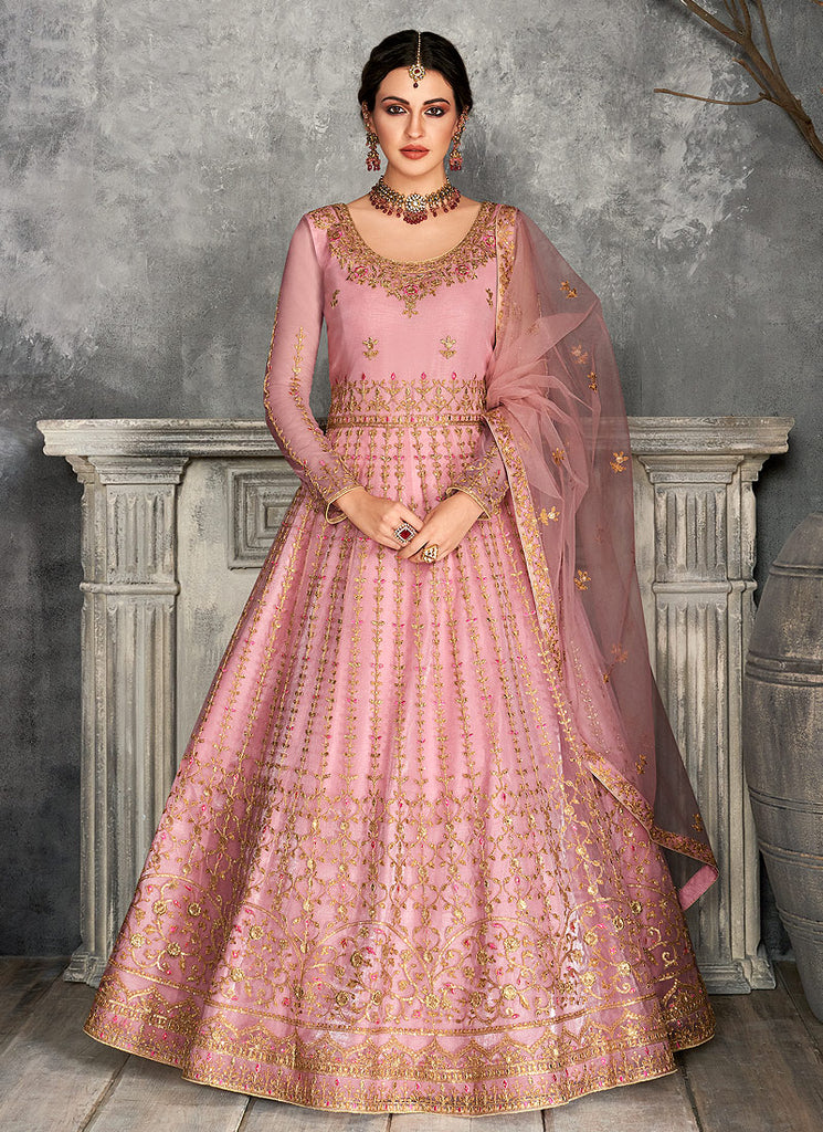 Pink Golden Embroidered Anarkali Suit