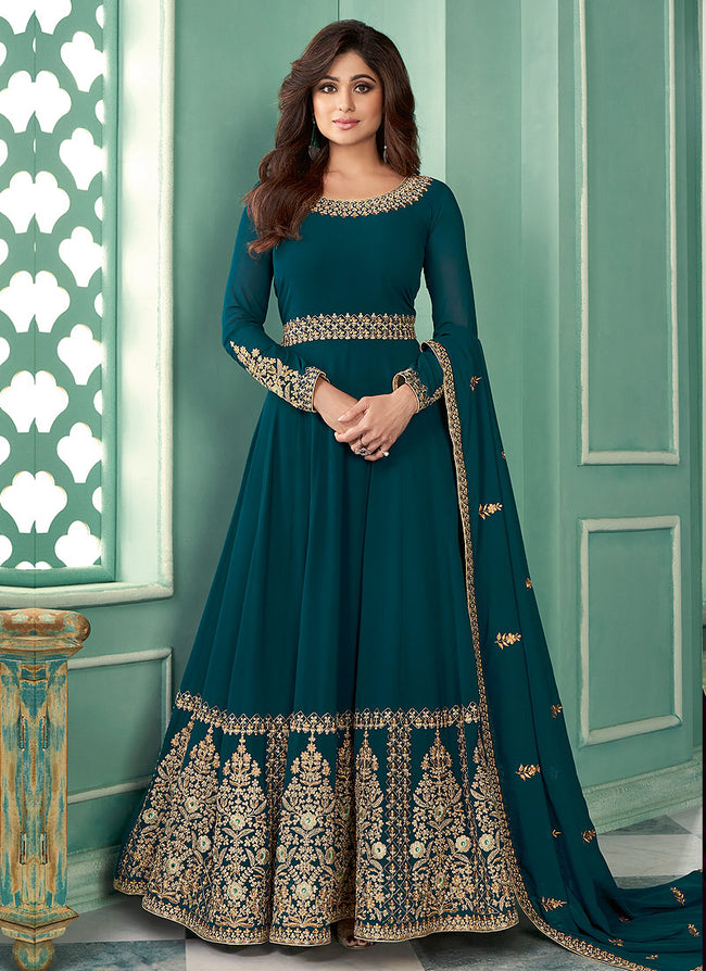 Turquoise Zari Embroidered Anarkali Suit