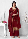 Maroon Embroidered Palazzo Suit