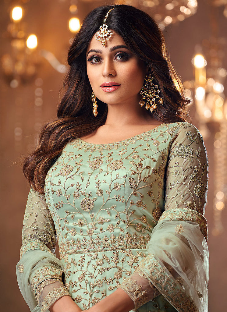 Mint Green Golden Anarkali Suit In usa