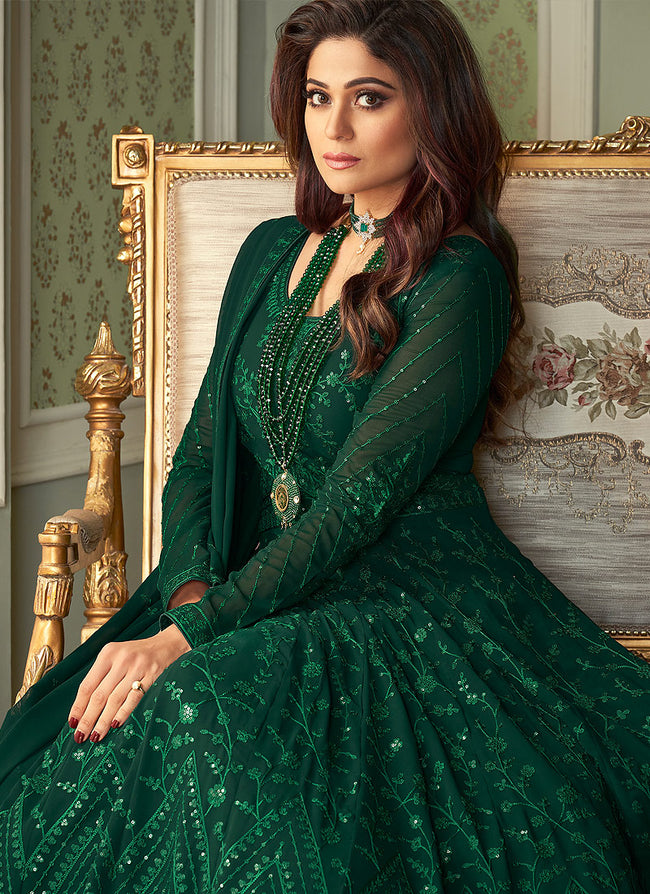 Dark Green Embroidered Georgette Anarkali Gown - Urban Womania