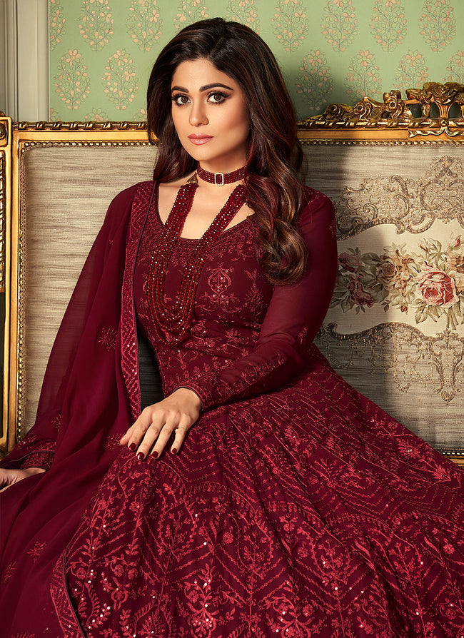 Georgette long Anarkali suit in Maroon colour 9358