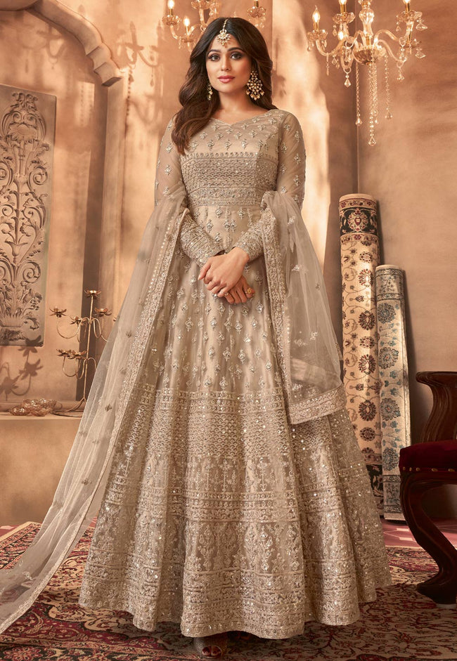 Light Grey Heavy Embellished Net Anarkali Gown | Lashkaraa