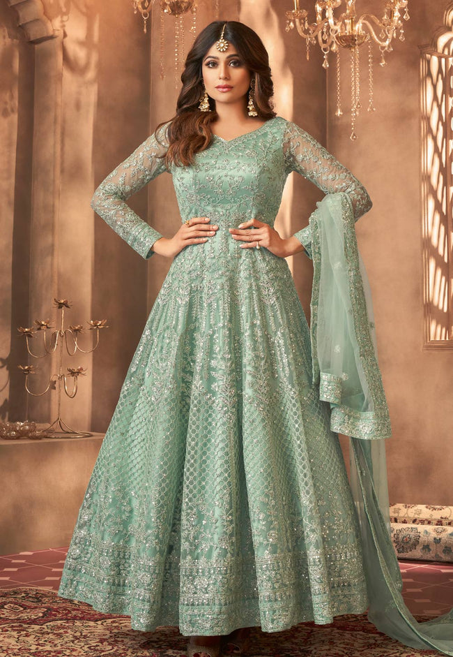 Mint Green Multi Embroidered Wedding Anarkali Gown