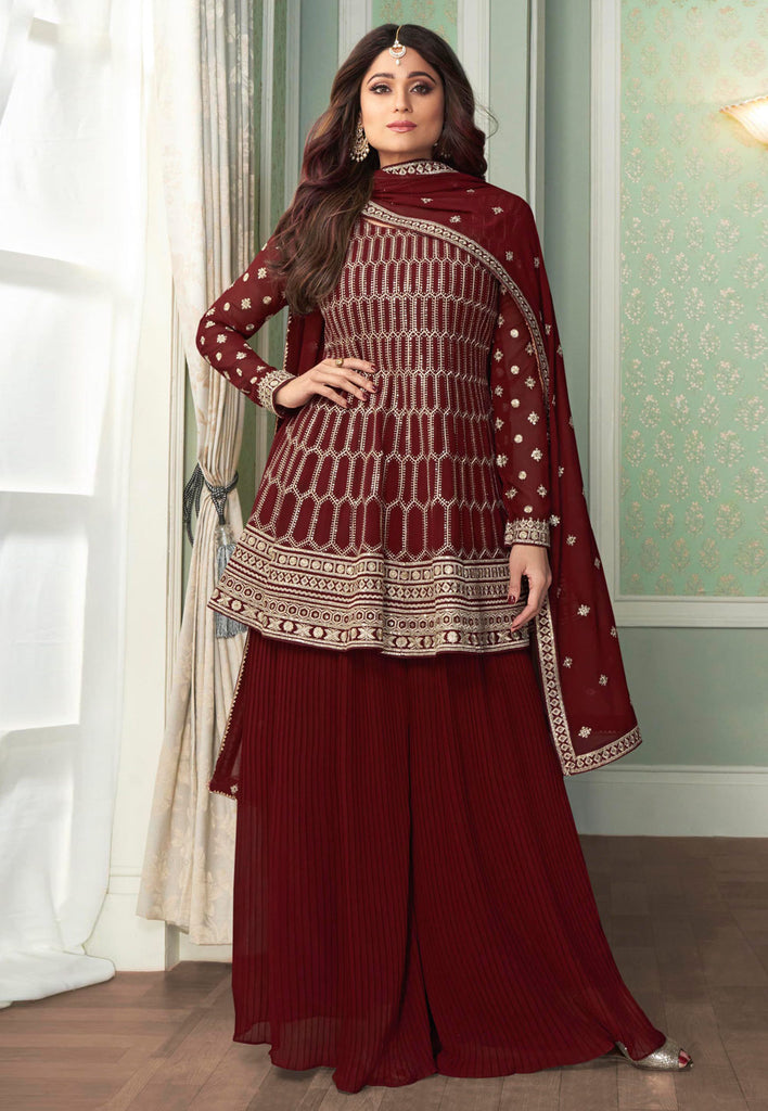 Maroon Embroidered Peplum Gharara Suit