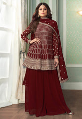 Maroon Embroidered Peplum Gharara Suit
