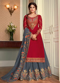 Red And Grey Embroidered Lehenga Style Suit