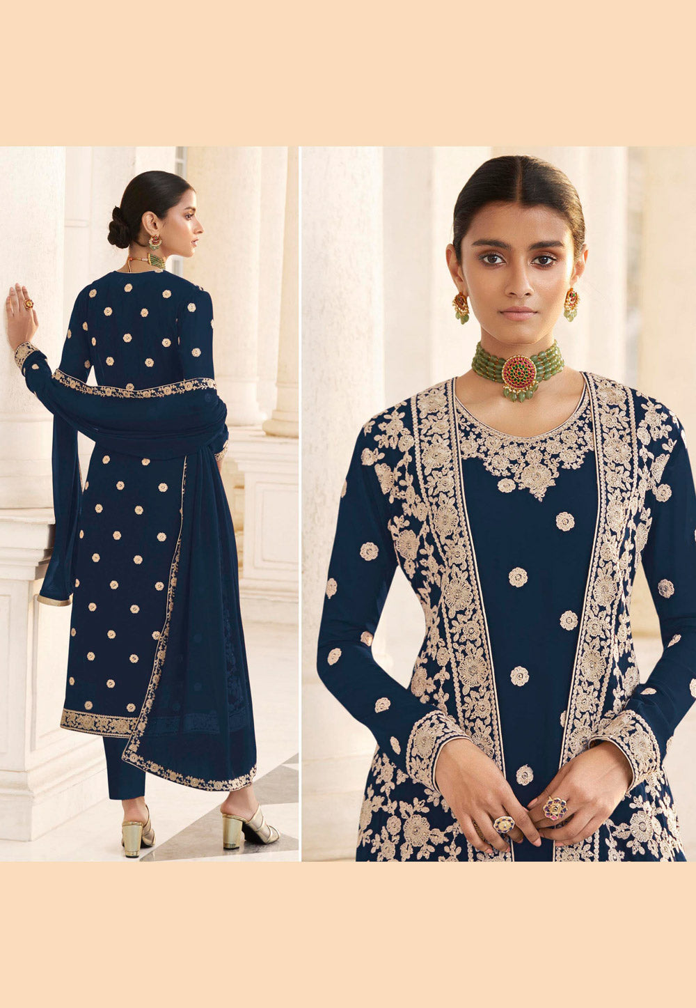 Blue Embroidered Jacket Style Pant Suit In usa uk canada