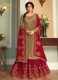 Olive Green And Red Embroidered Lehenga Style Suit
