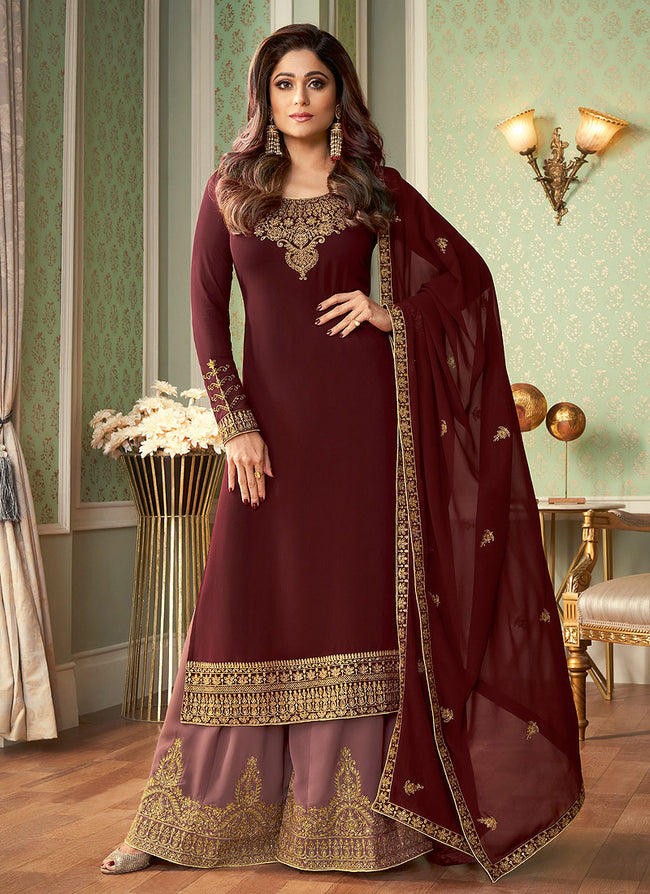 Lt Nitya Vol 183 Heavy Faux Blooming Georgette With Embroidery And Sequence  Work Palazzo Suit Maroon Color DN 8305