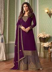 Wine Two Tone Embroidered Palazzo Suit