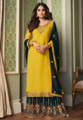 Yellow And Green Embroidered Ethnic Palazzo Suit