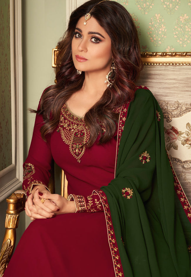 Maroon And Green Ethnic Palazzo Suit In usa