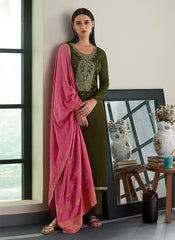 Green And Pink Embroidered Pant Style Suit