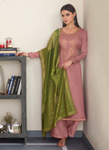 Soft Pink And Green Embroidered Pant Style Suit