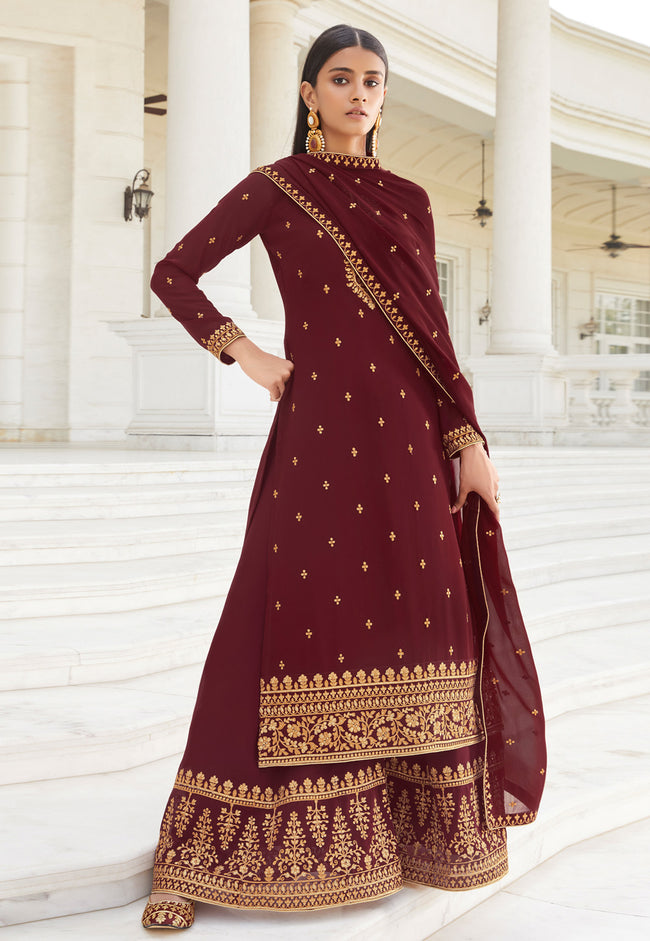 G1324 - Blue and Maroon partywear Palazzo suit set – Varshini Collections