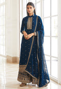 Blue Embroidered Designer Palazzo Suit