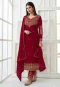 Red Traditional Embroidered Pant Style Suit
