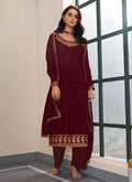Maroon Embroidered Palazzo Style Pant Suit