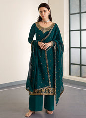 Deep Green Embroidered Palazzo Style Pant Suit