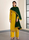 Yellow And Green Embroidered Palazzo Style Pant Suit
