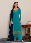 Blue Two Tone Embroidered Palazzo Style Pant Suit