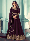 Deep Wine And Gold Embroidered Anarkali