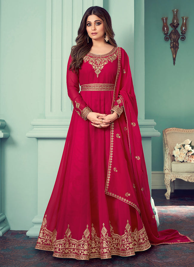 Rani Pink And Gold Embroidered Anarkali