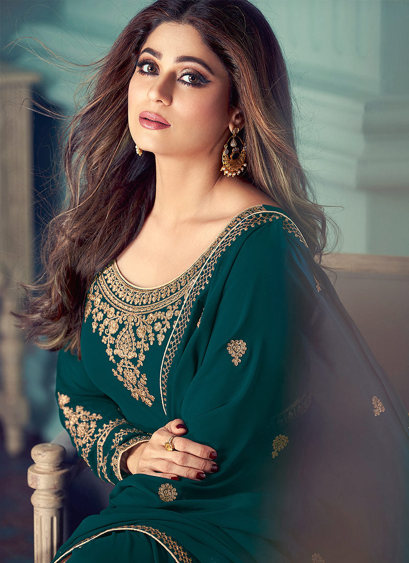 Turquoise And Gold Anarkali