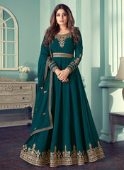 Turquoise And Gold Embroidered Anarkali