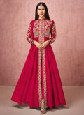 Hot Pink Embroidered Slit Style Anarkali Pant Suit