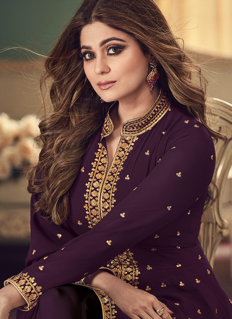 Wine Golden Anarkali Pant Suit In uk