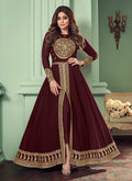 Maroon Golden Embroidered Slit Style Anarkali Pant Suit