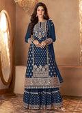 Dark Blue Golden Embroidered Indian Designer Sharara Suit